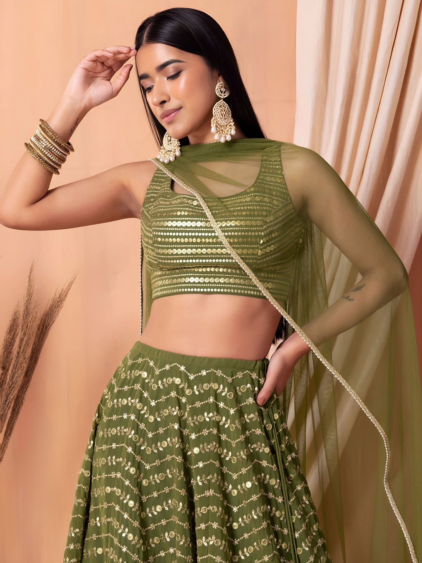 Women's Lehenga in Olive Green Georgette with Thread, Zari and Multiple Sequins Embroidery