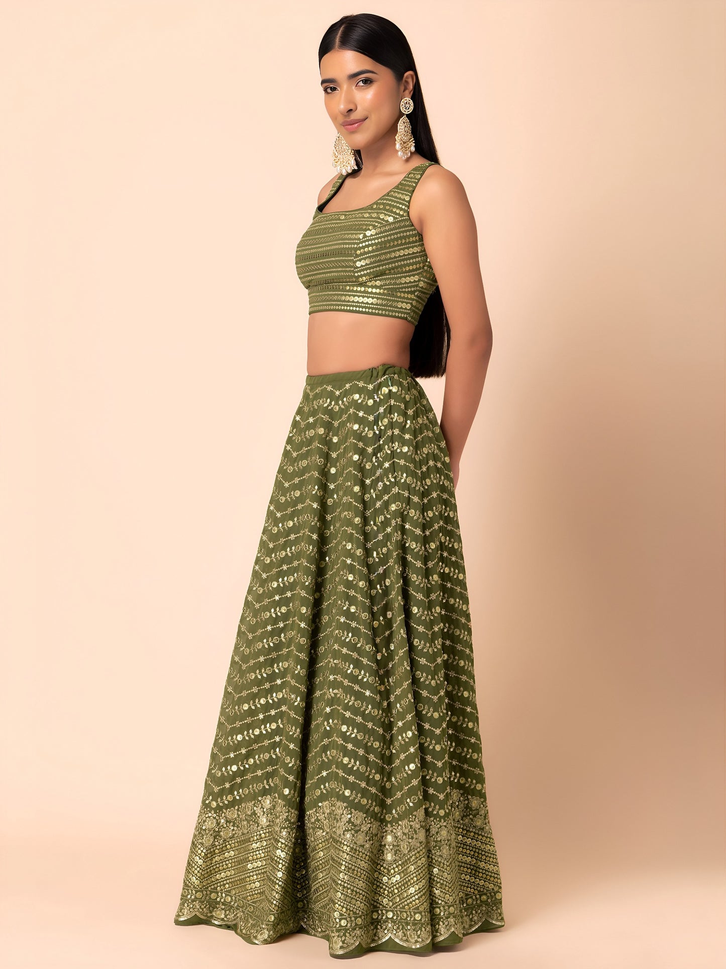 Women's Lehenga in Olive Green Georgette with Thread, Zari and Multiple Sequins Embroidery