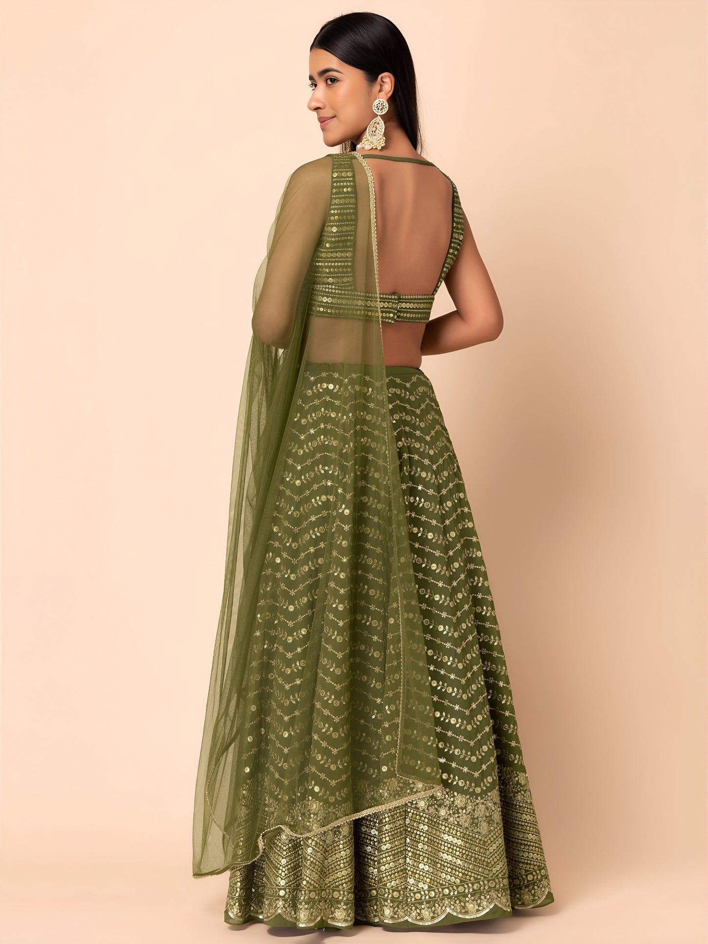 Women's Lehenga in Olive Green Georgette with Thread, Zari and Multiple Sequins Embroidery