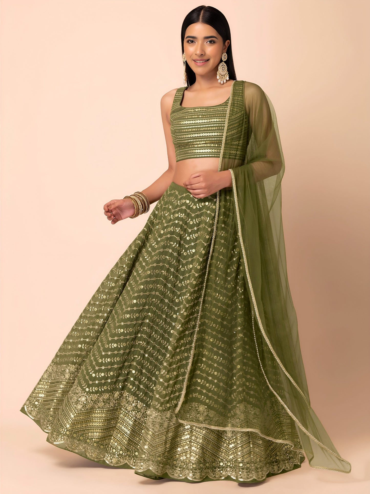 Women's Lehenga in Olive Green Georgette with Thread, Zari and Multiple Sequins Embroidery