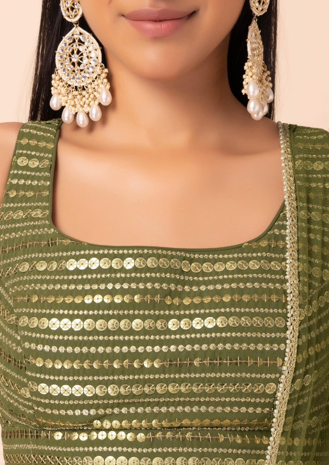 Women's Lehenga in Olive Green Georgette with Thread, Zari and Multiple Sequins Embroidery
