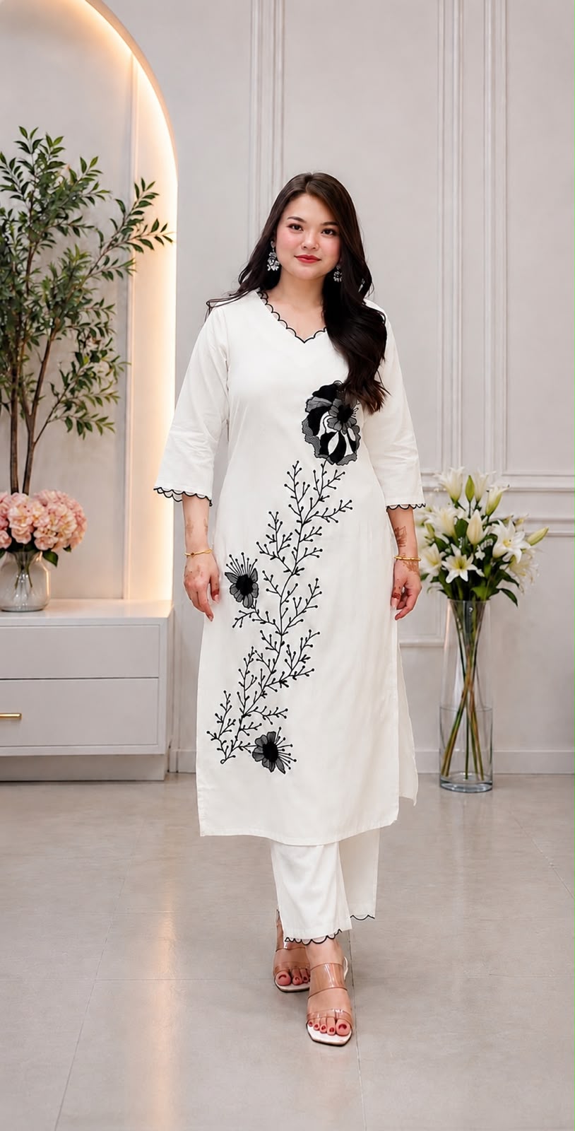 Women's Kurta Set in Off White Heavy Slub Rayon with Floral Embroidery