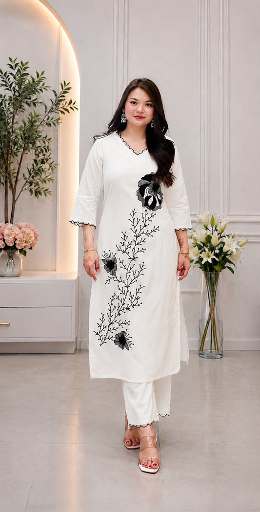Women's Kurta Set in Off White Heavy Slub Rayon with Floral Embroidery