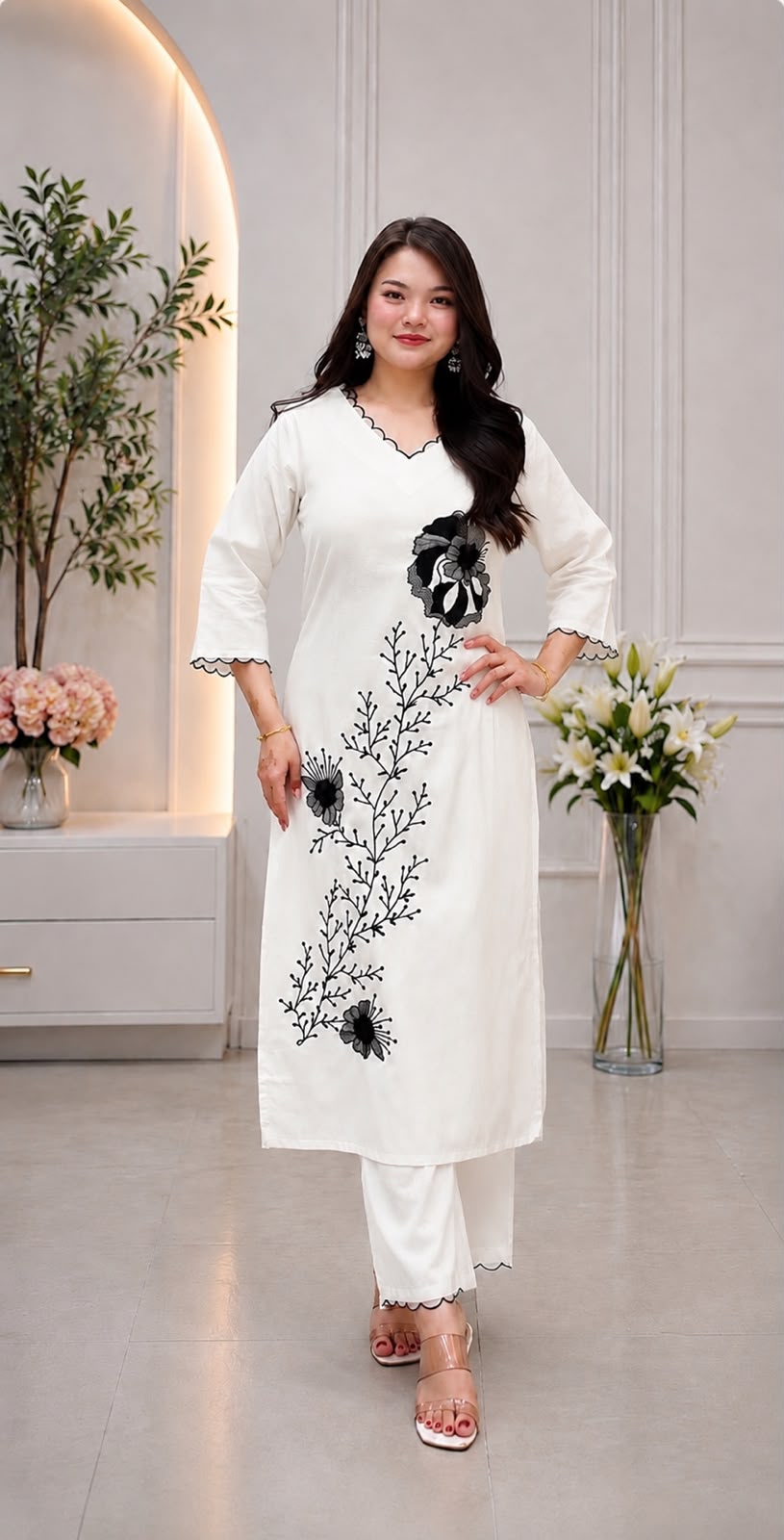 Women's Kurta Set in Off White Heavy Slub Rayon with Floral Embroidery