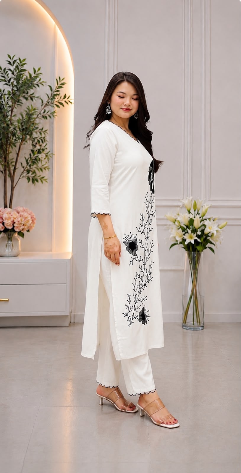 Women's Kurta Set in Off White Heavy Slub Rayon with Floral Embroidery