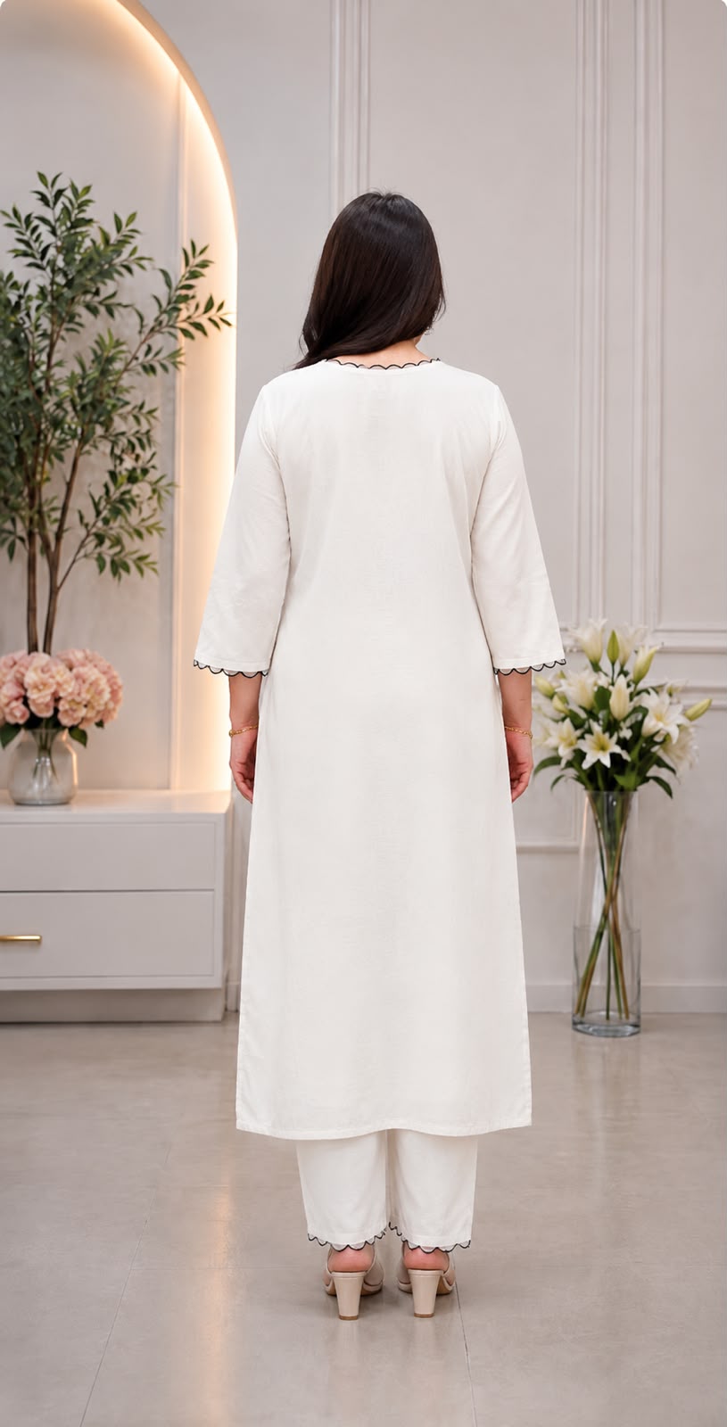 Women's Kurta Set in Off White Heavy Slub Rayon with Floral Embroidery