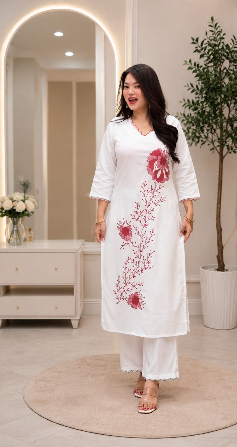 Women's Kurta Set in Off White Heavy Slub Rayon with Floral Embroidery