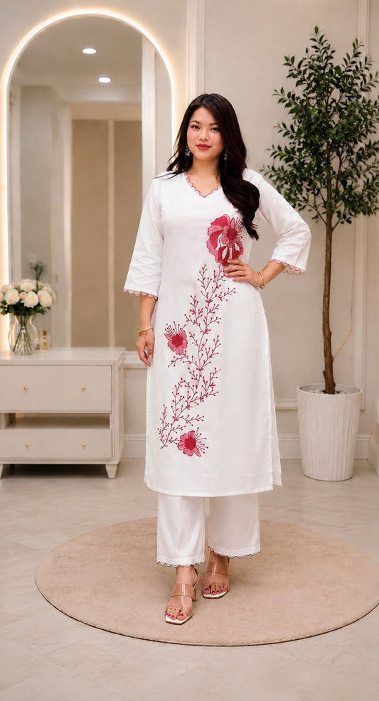 Women's Kurta Set in Off White Heavy Slub Rayon with Floral Embroidery