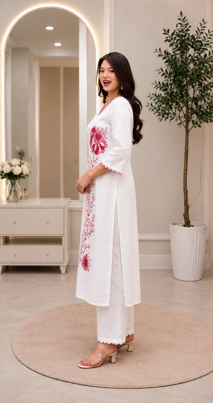 Women's Kurta Set in Off White Heavy Slub Rayon with Floral Embroidery