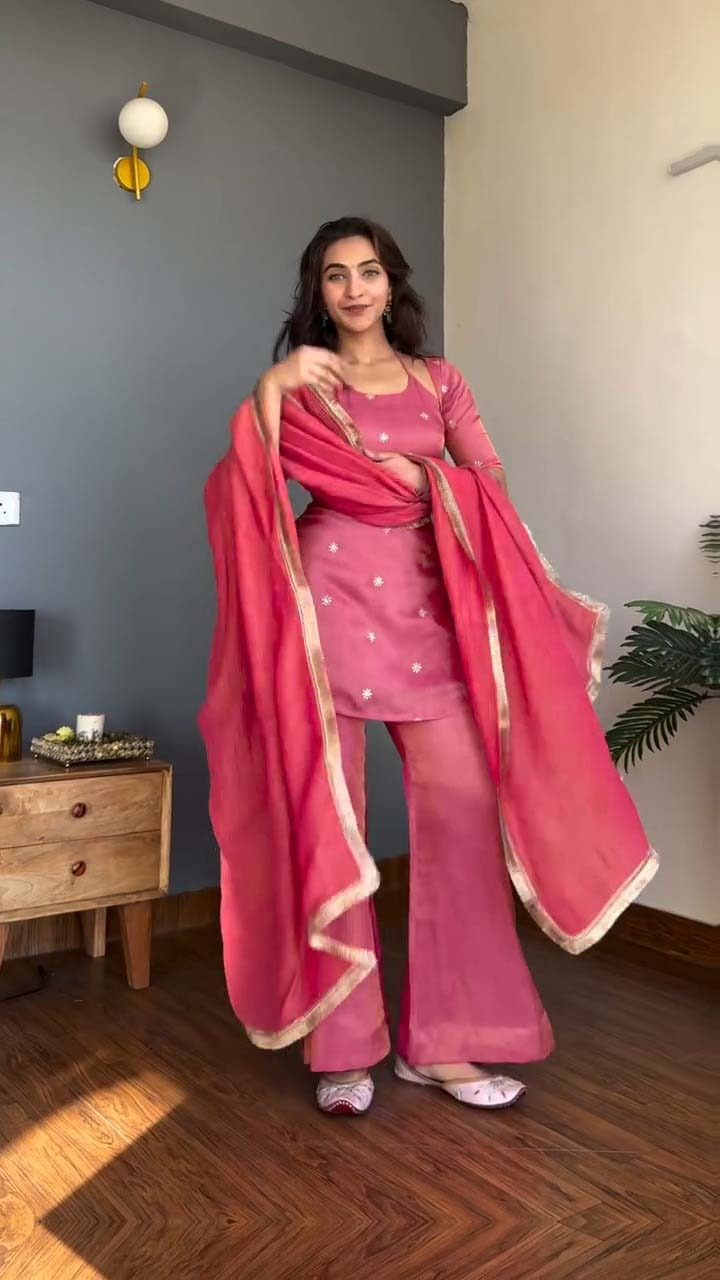 Women's Kurta Pant Set in Pink Pure Vichitra Silk with Sequin Embroidery and Chinon Lace Dupatta - Festive Wear