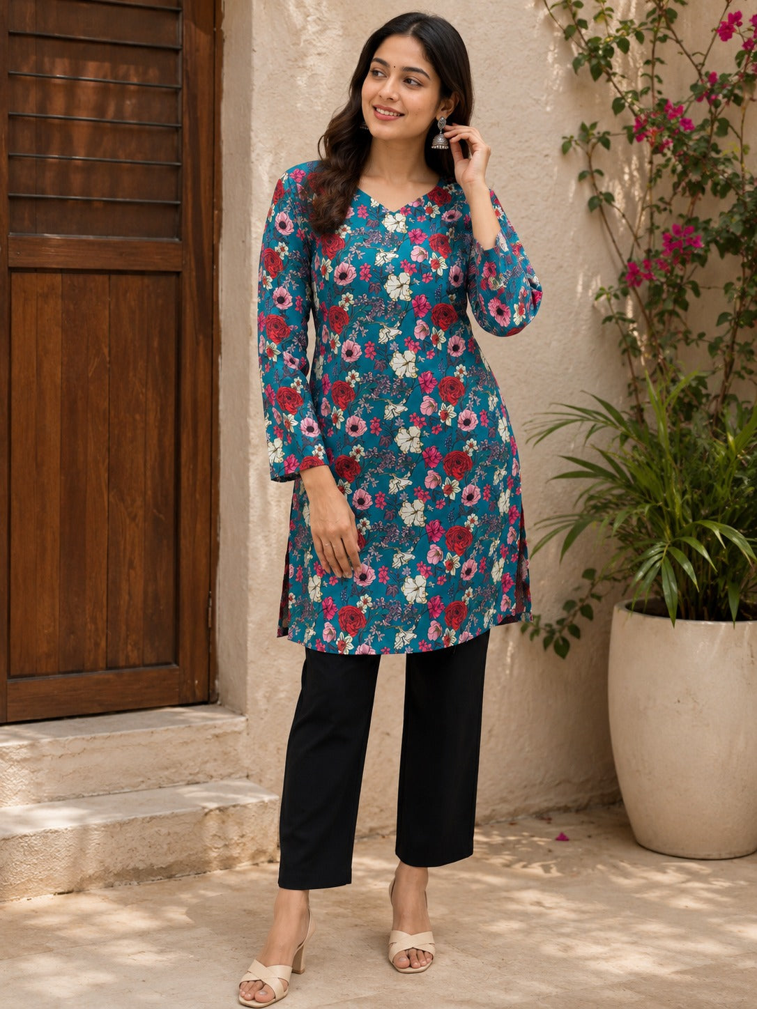 Women's Tunic Top in Teal Blue Heavy Rayon with Floral Digital Print