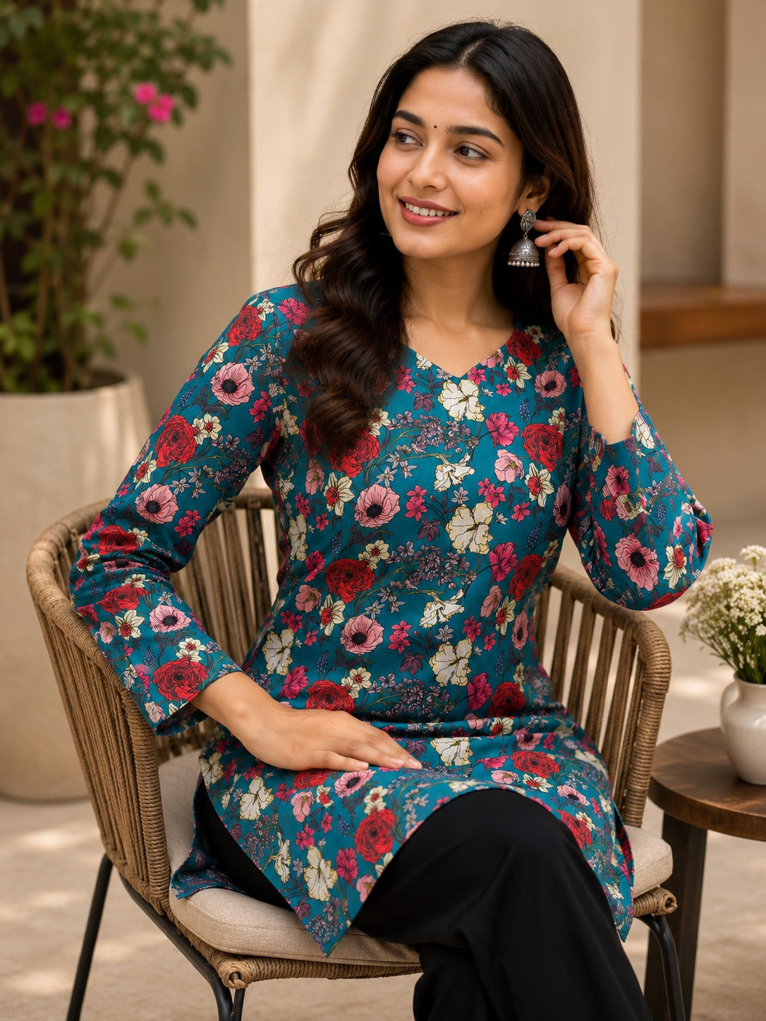 Women's Tunic Top in Teal Blue Heavy Rayon with Floral Digital Print