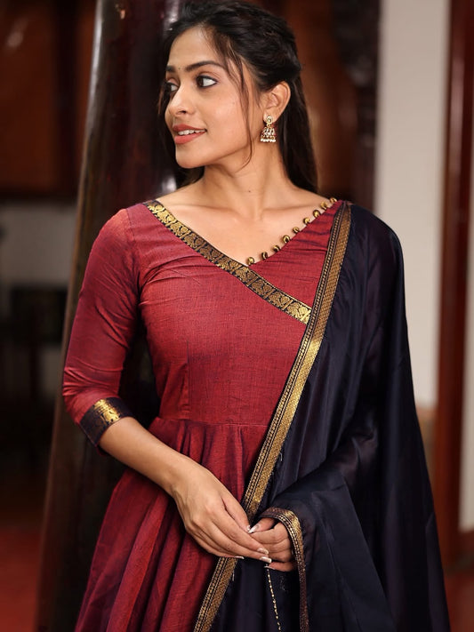 Women's Anarkali Gown in Wine Red Vichitra Silk with Jacquard Zari Weaving