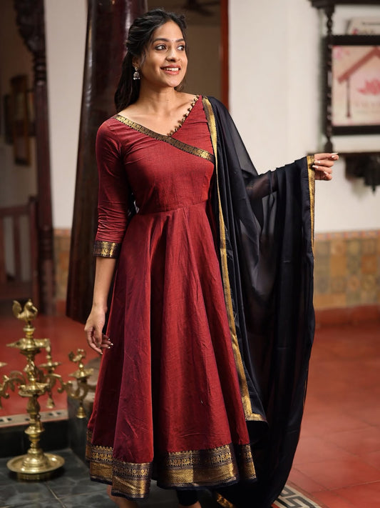 Women's Anarkali Gown in Wine Red Vichitra Silk with Jacquard Zari Weaving
