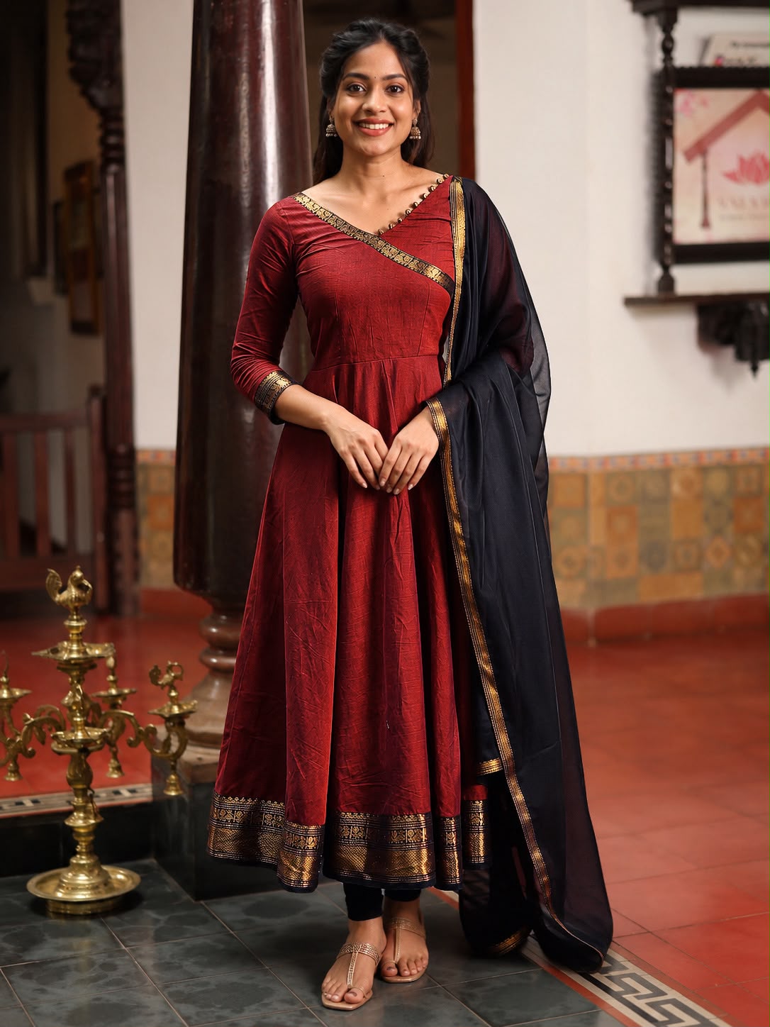 Women's Anarkali Gown in Wine Red Vichitra Silk with Jacquard Zari Weaving