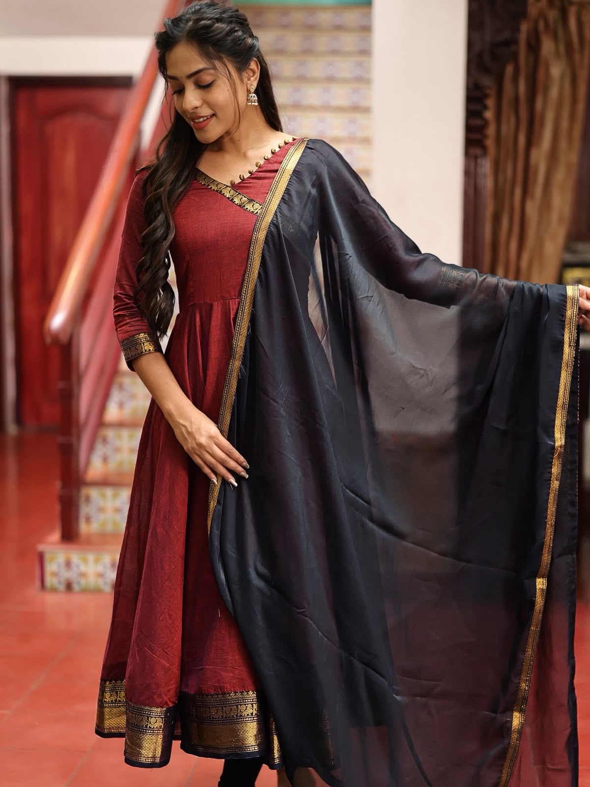Women's Anarkali Gown in Wine Red Vichitra Silk with Jacquard Zari Weaving