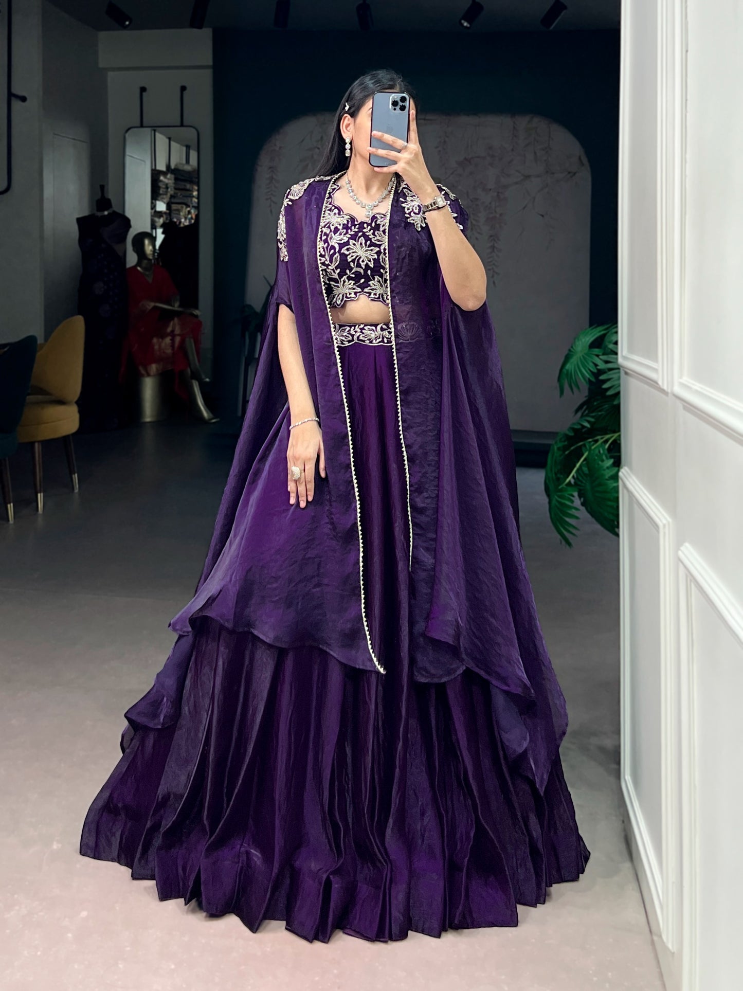 Women's Cape Style Lehenga in Deep Purple Fendi Silk with Beads, Sequins and Thread Embroidery