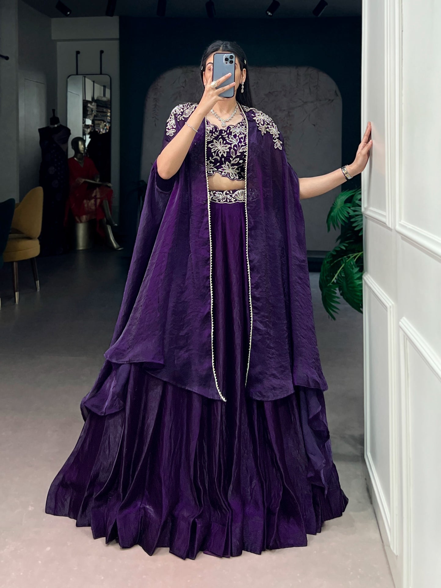 Women's Cape Style Lehenga in Deep Purple Fendi Silk with Beads, Sequins and Thread Embroidery