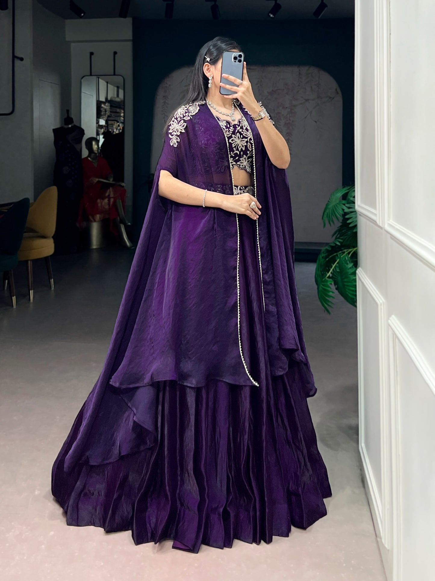 Women's Cape Style Lehenga in Deep Purple Fendi Silk with Beads, Sequins and Thread Embroidery