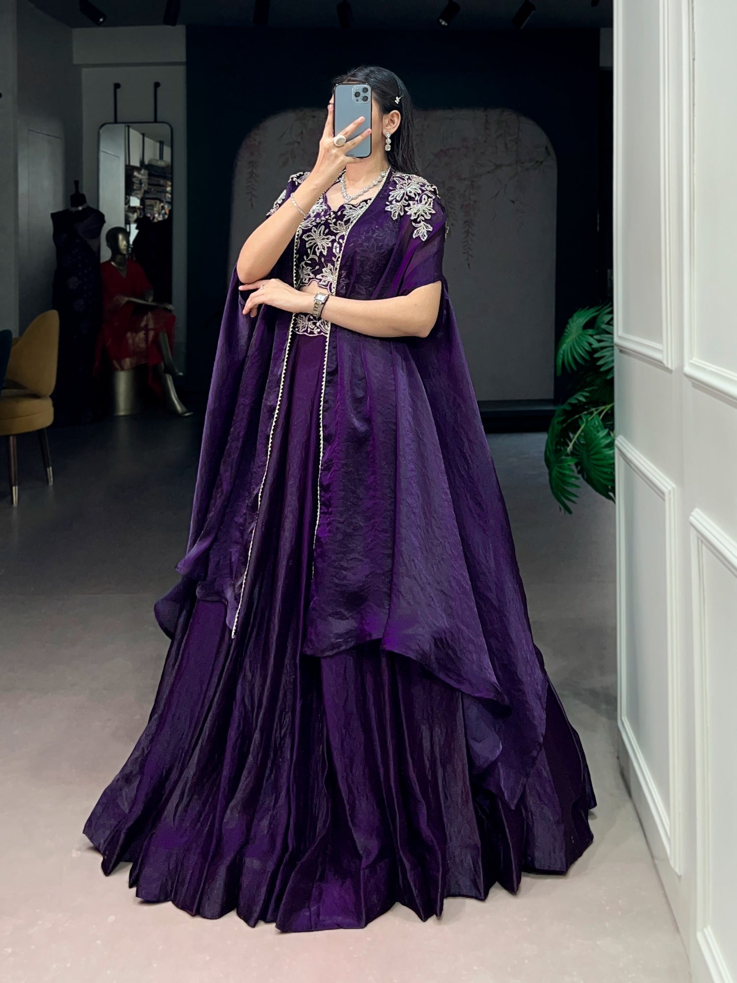 Women's Cape Style Lehenga in Deep Purple Fendi Silk with Beads, Sequins and Thread Embroidery