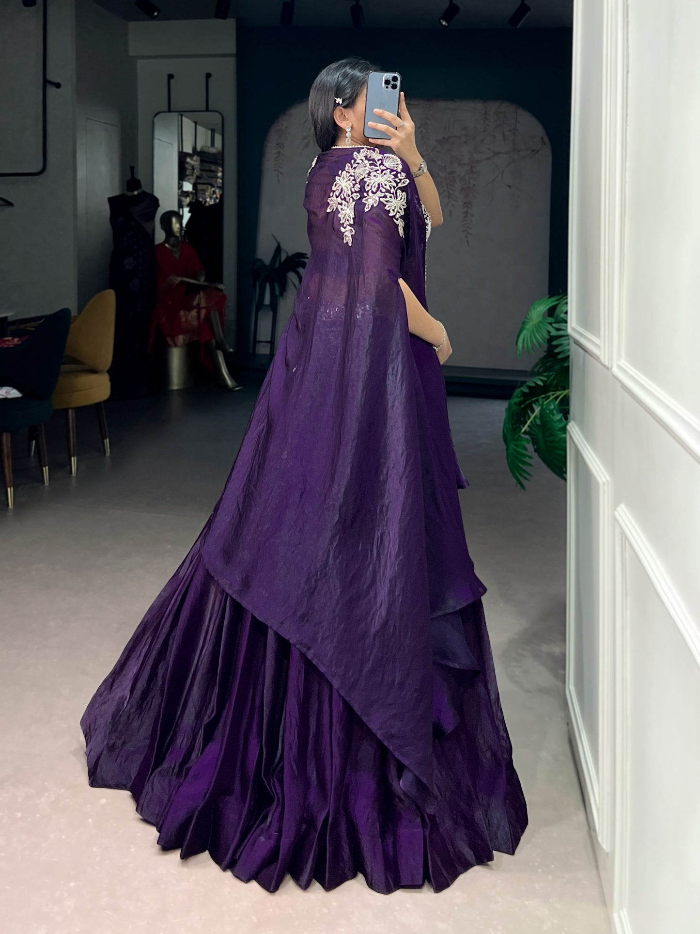 Women's Cape Style Lehenga in Deep Purple Fendi Silk with Beads, Sequins and Thread Embroidery