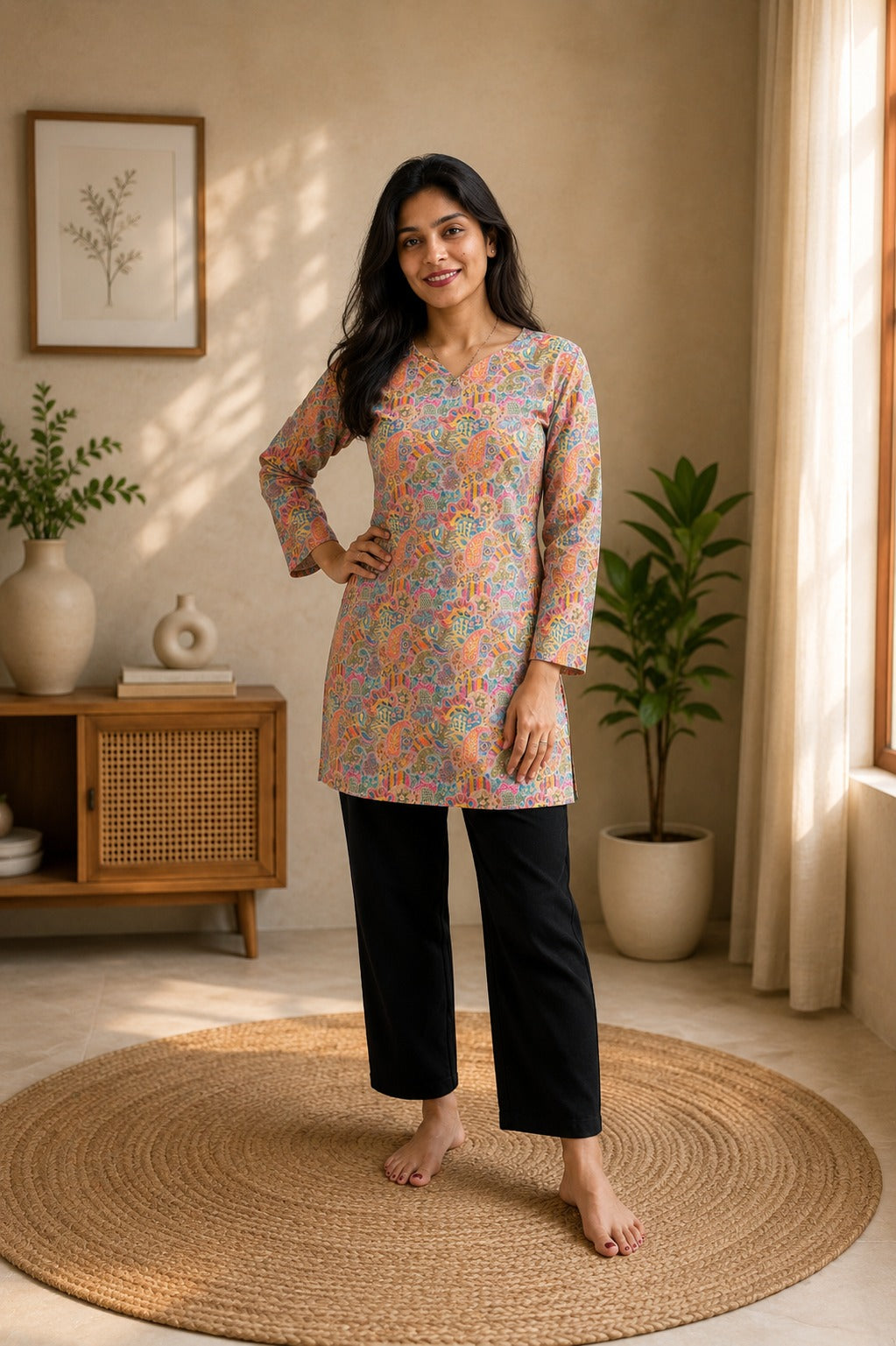 Women's Tunic Top in Peach Heavy Rayon with Paisley Digital Print