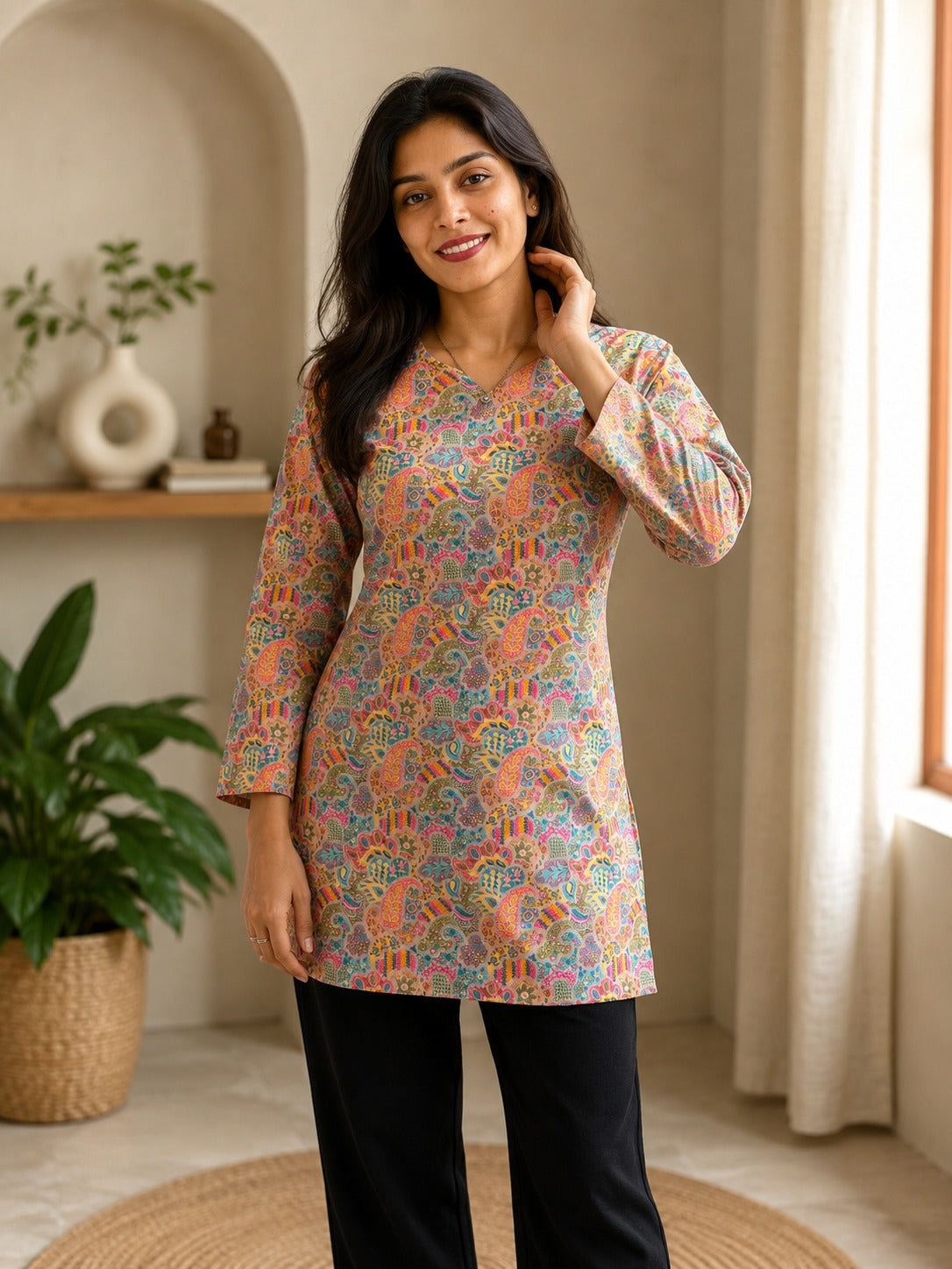 Women's Tunic Top in Peach Heavy Rayon with Paisley Digital Print