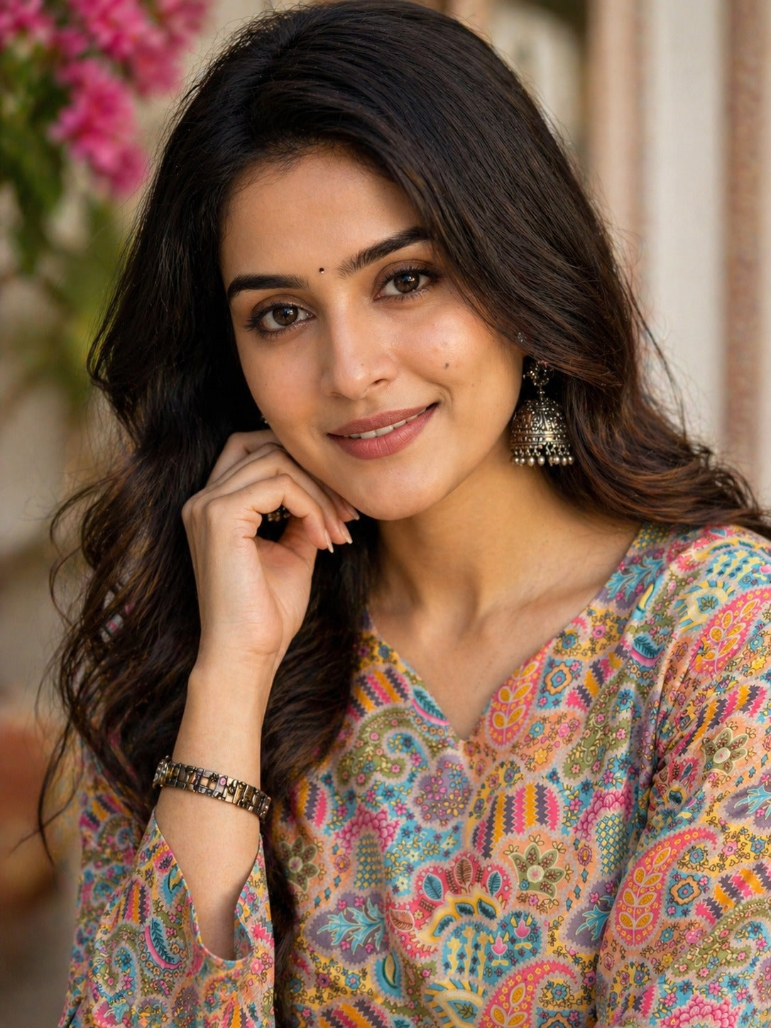 Women's Tunic Top in Peach Heavy Rayon with Paisley Digital Print