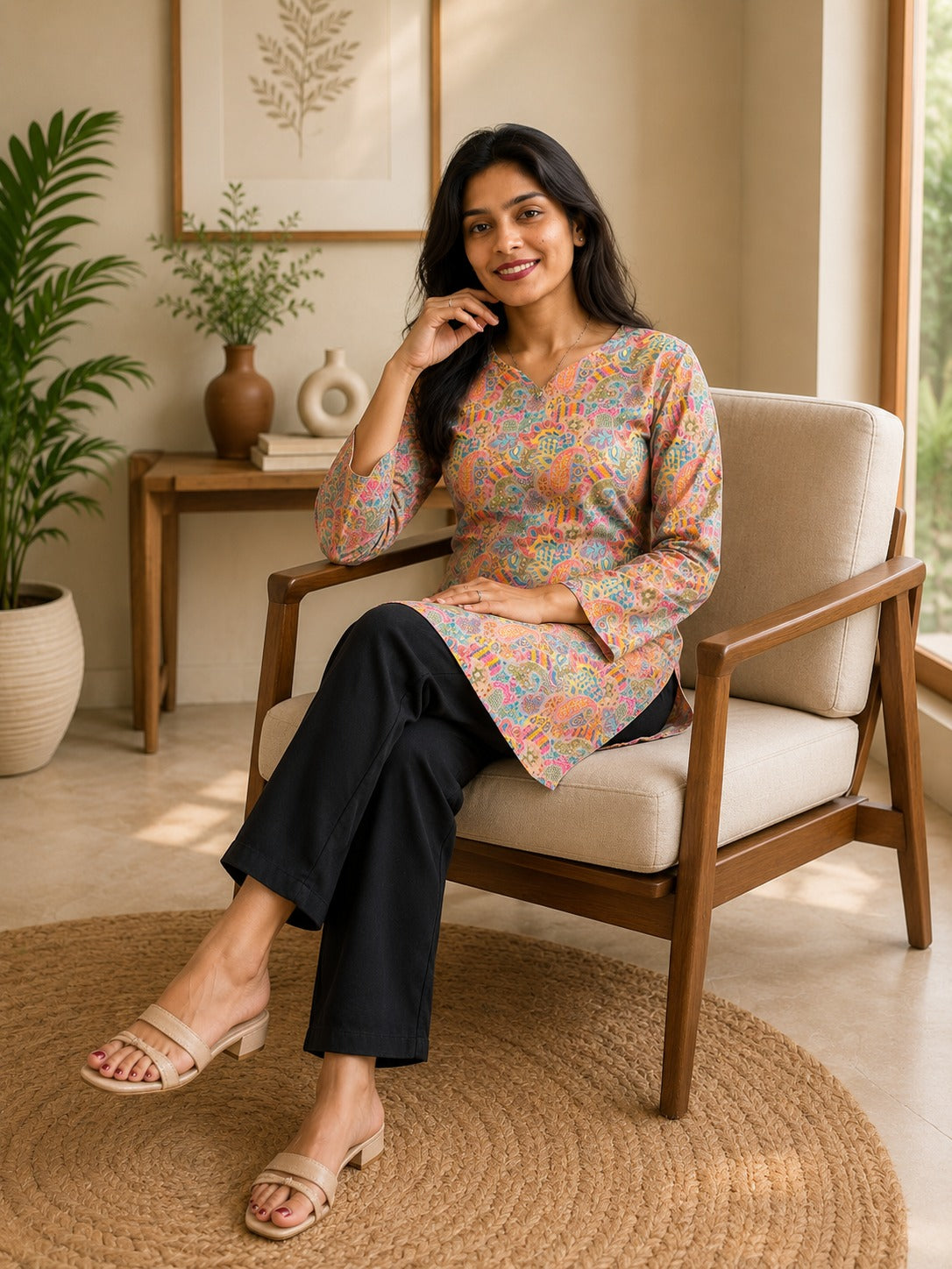 Women's Tunic Top in Peach Heavy Rayon with Paisley Digital Print