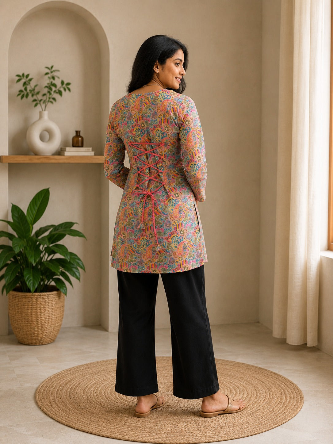 Women's Tunic Top in Peach Heavy Rayon with Paisley Digital Print