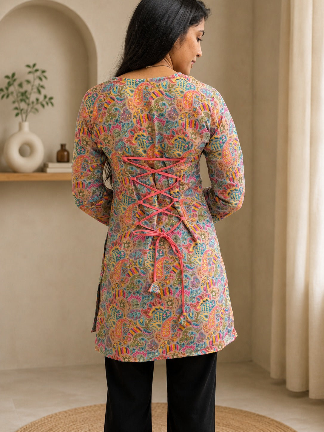 Women's Tunic Top in Peach Heavy Rayon with Paisley Digital Print