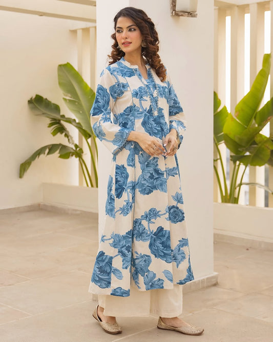Women's Cotton Kurta Set in Assorted Colors with Floral Print and Lace Work