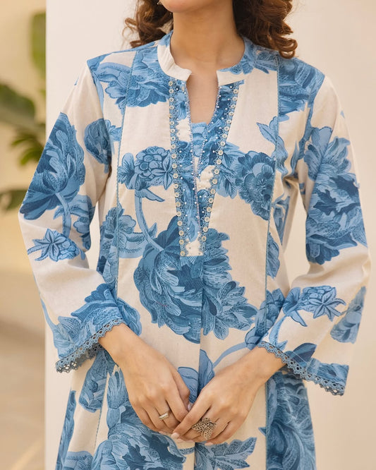 Women's Cotton Kurta Set in Assorted Colors with Floral Print and Lace Work