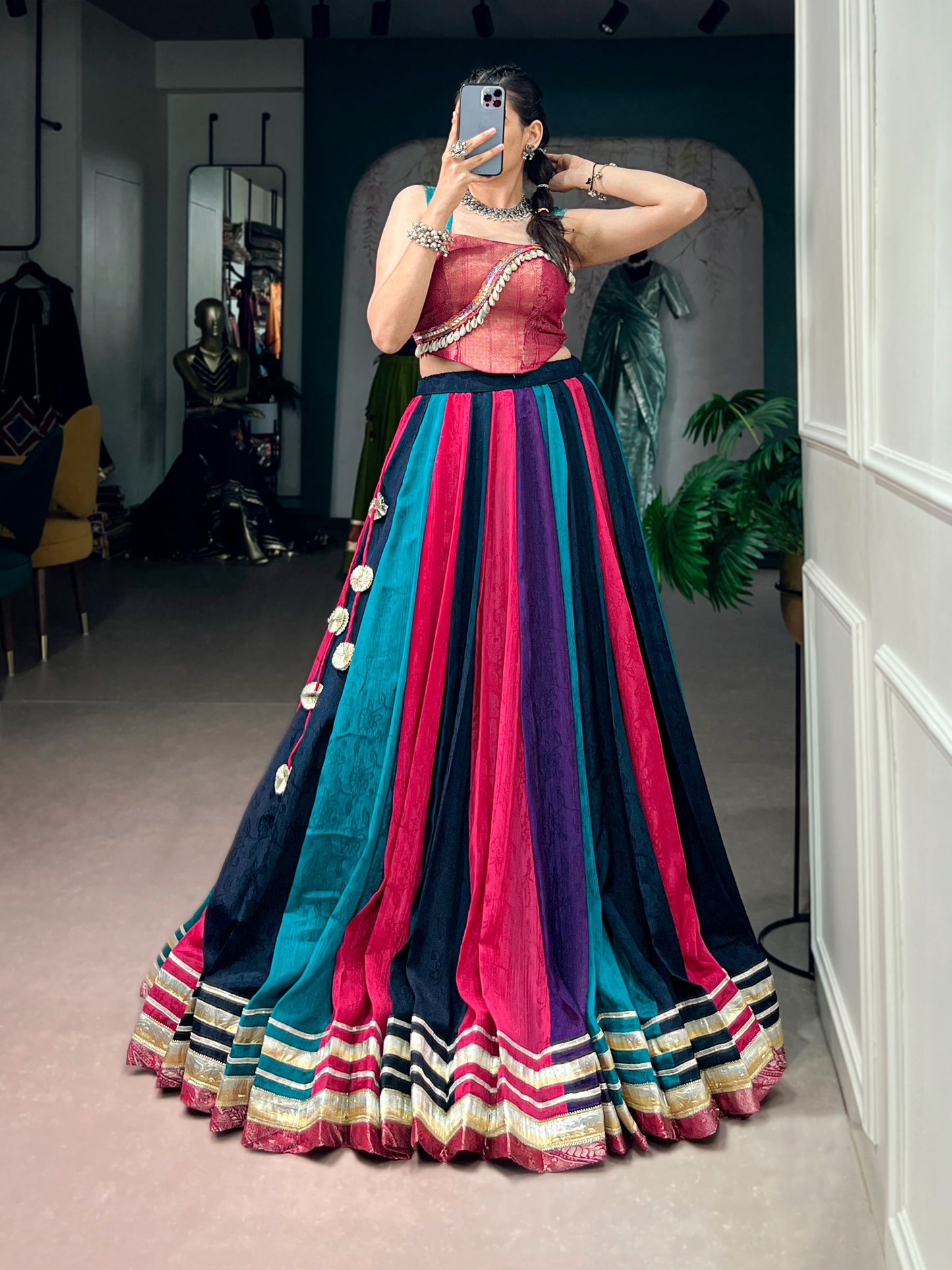 Women's Lehenga in Multi-Color Chinon with Zari Woven Blouse and Embossed Lace