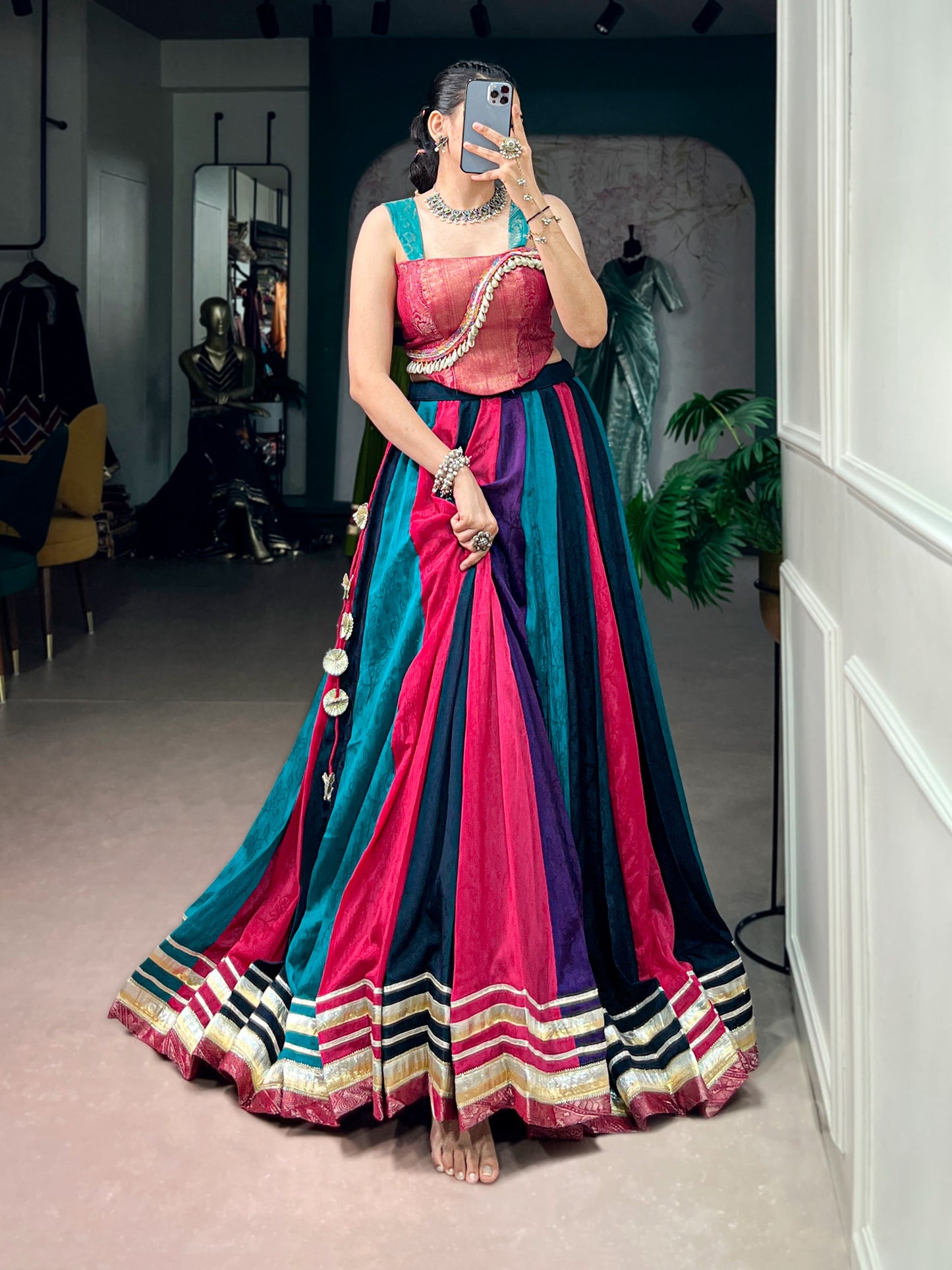 Women's Lehenga in Multi-Color Chinon with Zari Woven Blouse and Embossed Lace