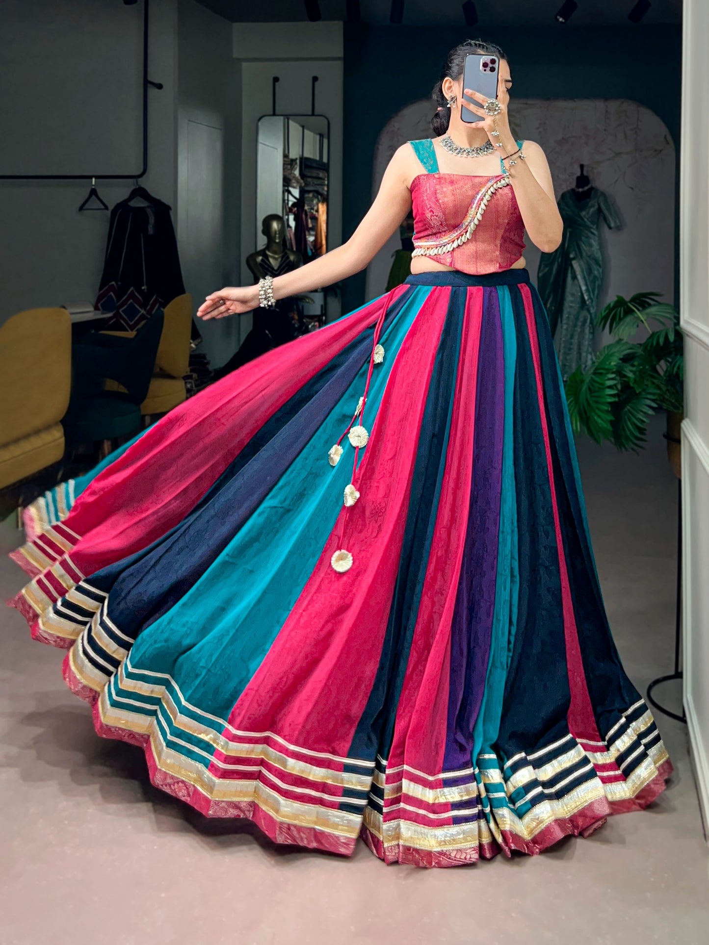 Women's Lehenga in Multi-Color Chinon with Zari Woven Blouse and Embossed Lace