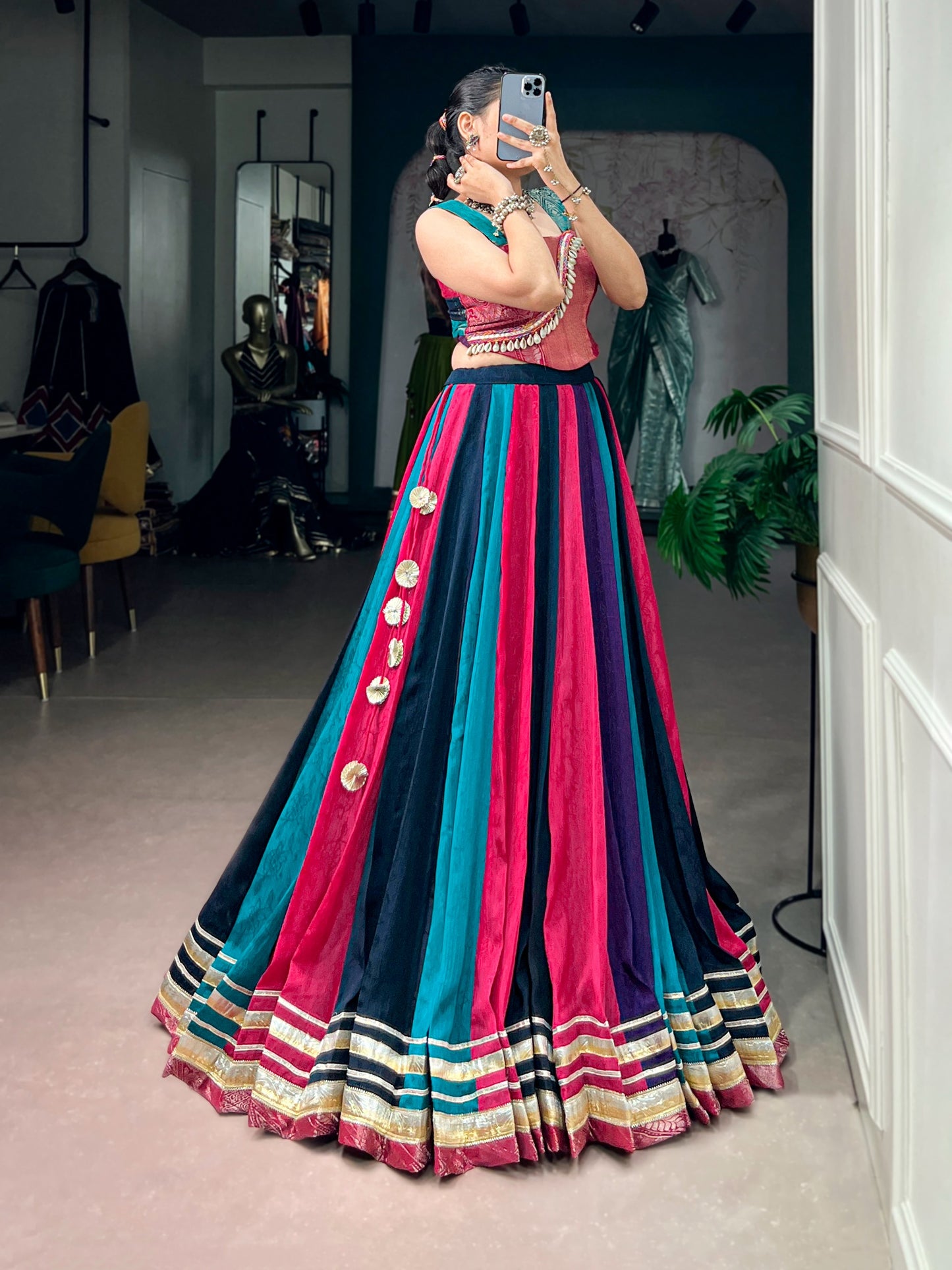 Women's Lehenga in Multi-Color Chinon with Zari Woven Blouse and Embossed Lace