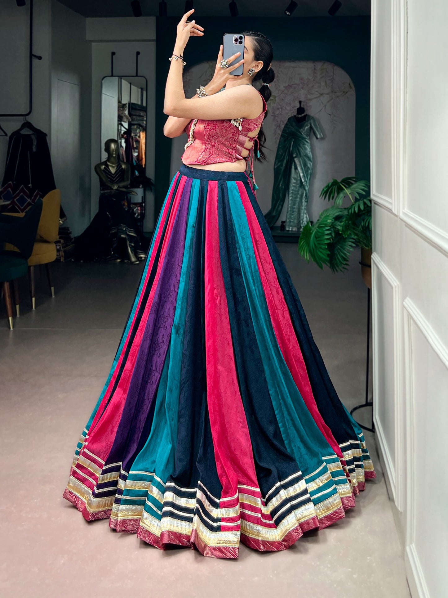 Women's Lehenga in Multi-Color Chinon with Zari Woven Blouse and Embossed Lace