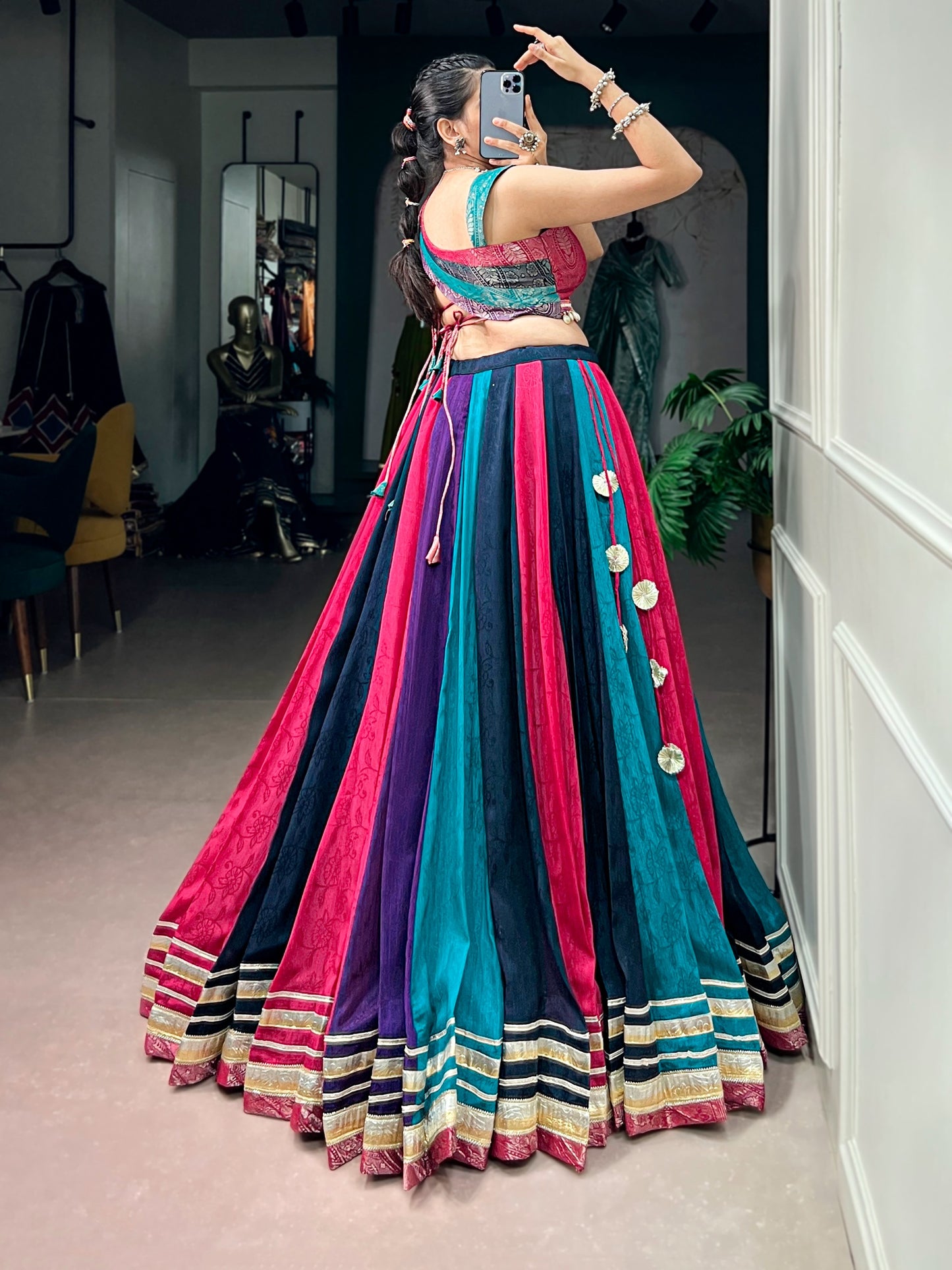 Women's Lehenga in Multi-Color Chinon with Zari Woven Blouse and Embossed Lace
