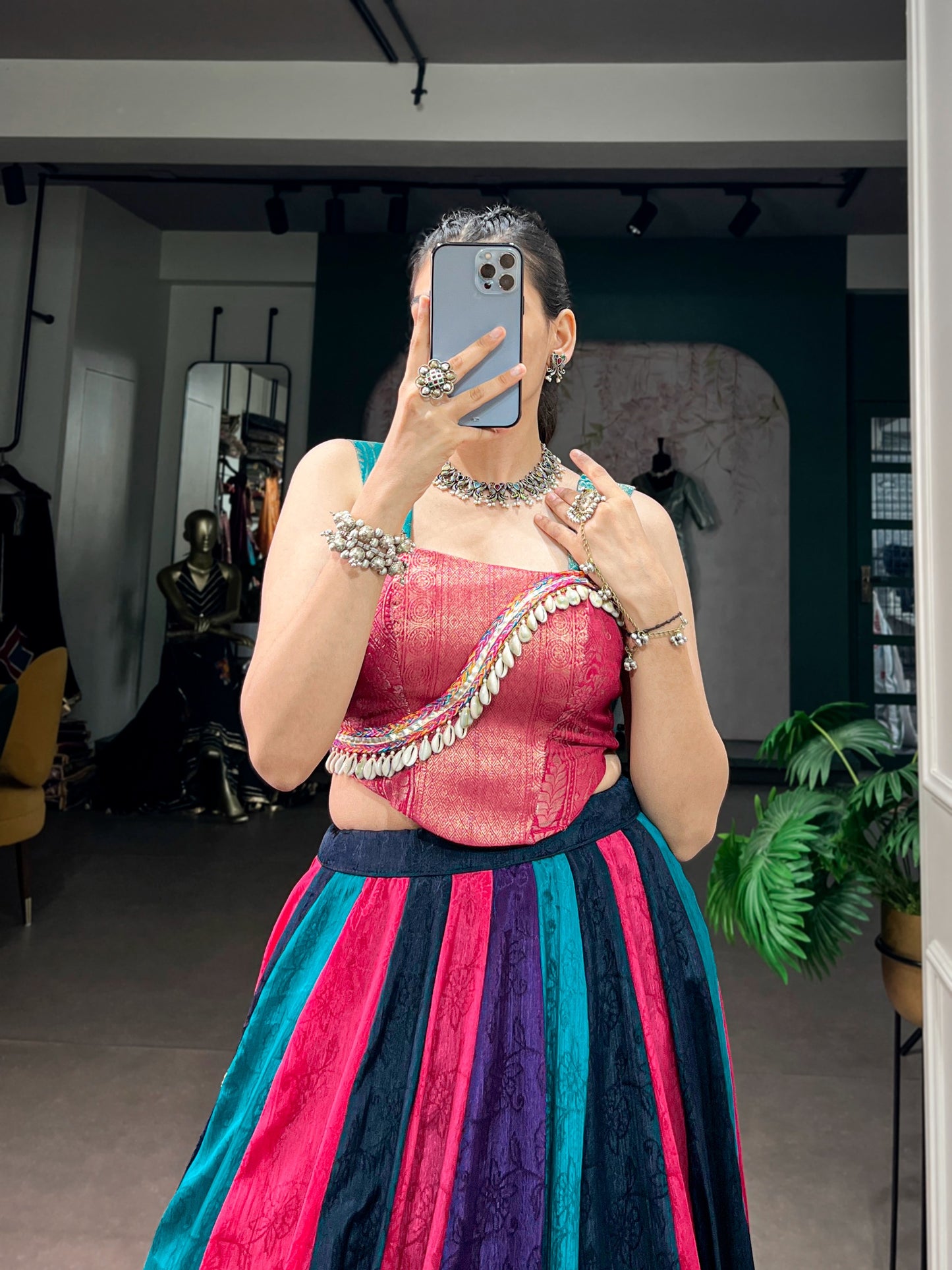 Women's Lehenga in Multi-Color Chinon with Zari Woven Blouse and Embossed Lace