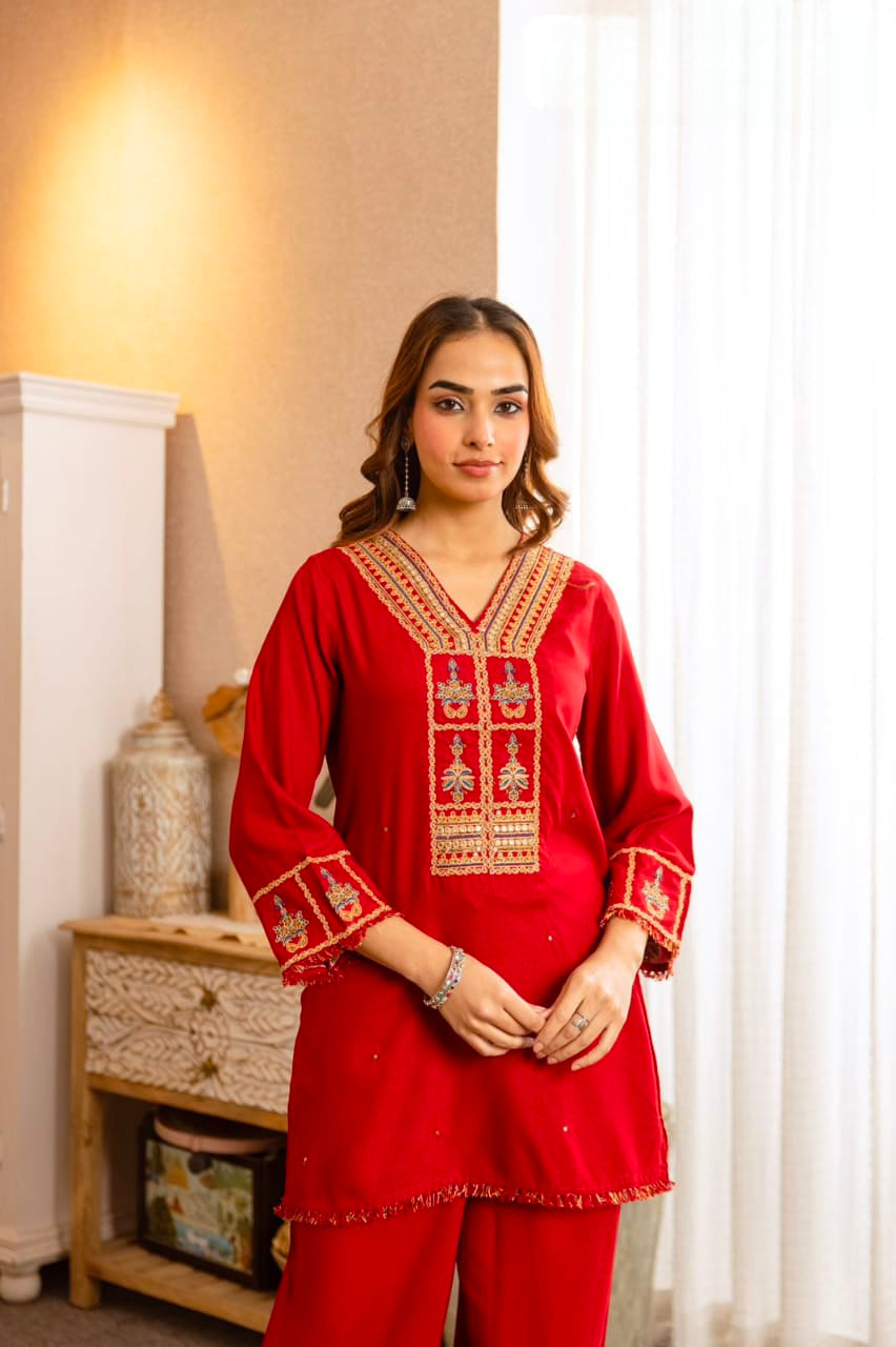 Women's Kurta Palazzo Set in Assorted Colors German Rayon with Embroidery