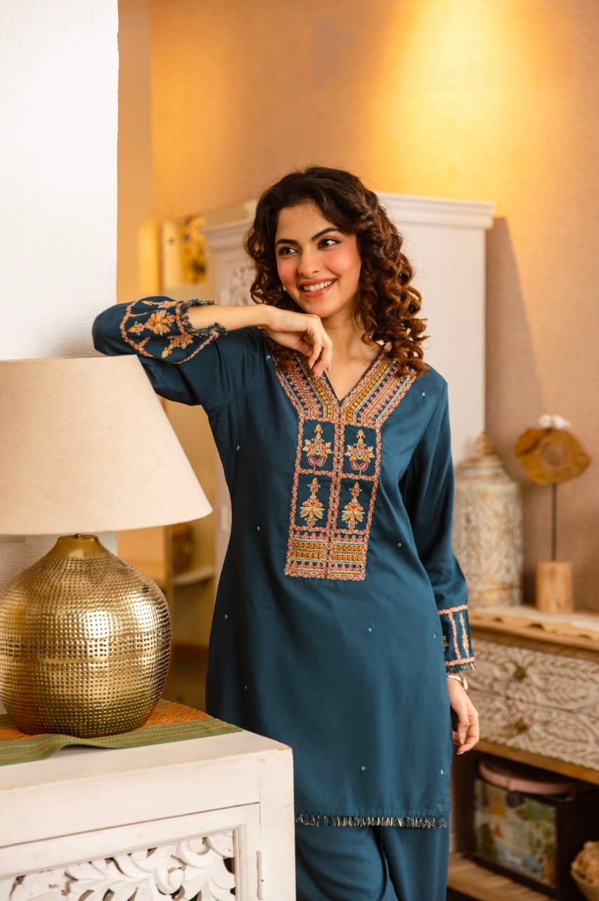 Women's Kurta Palazzo Set in Assorted Colors German Rayon with Embroidery
