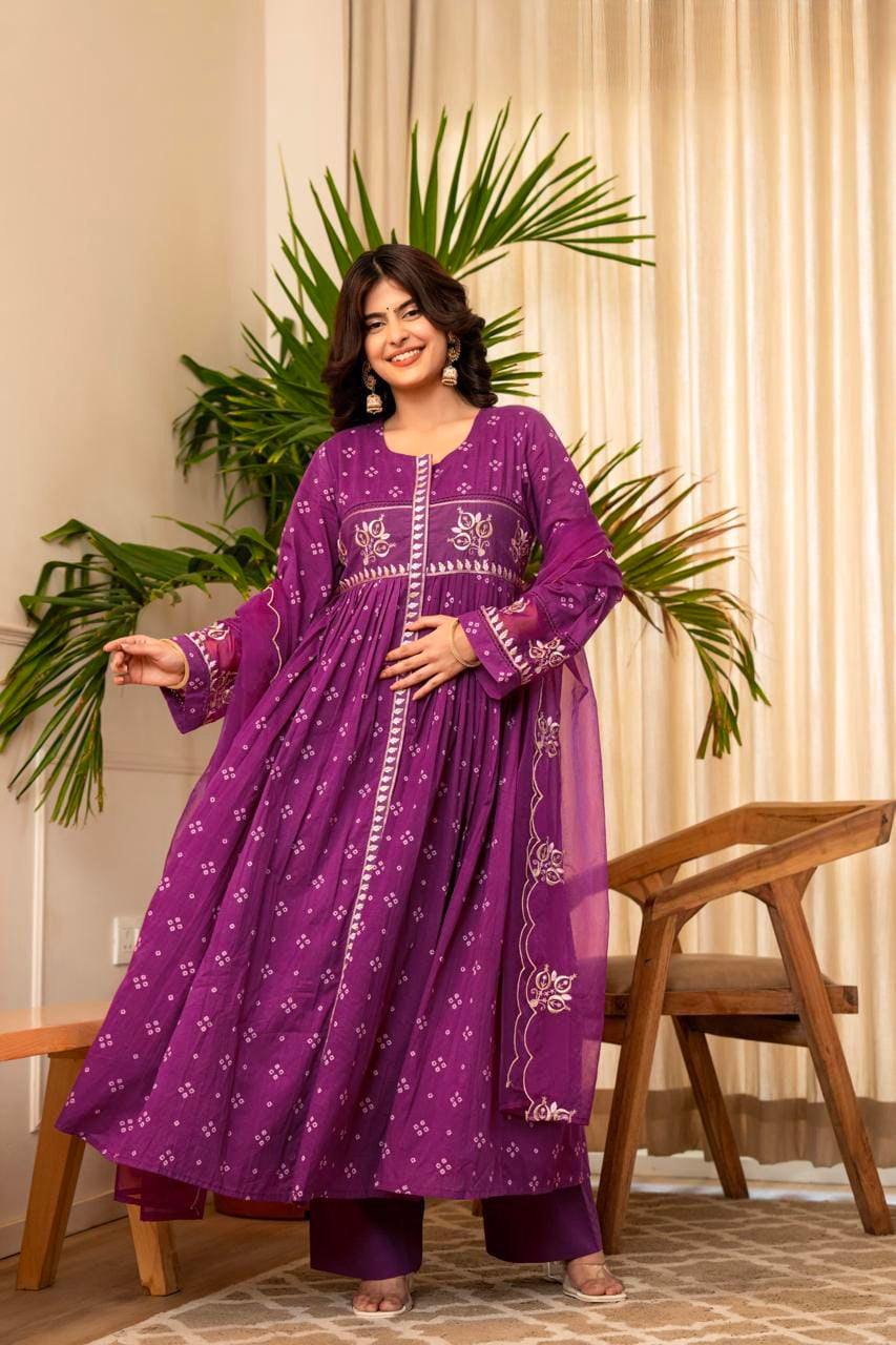 Women's Dress in Assorted Colors Pure Mal Cotton with Bandhani Print and Gota Detailing