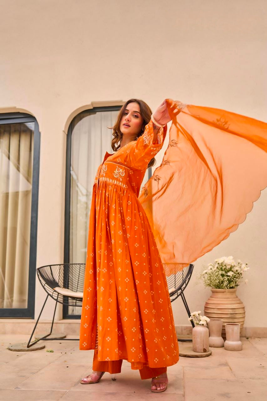 Women's Dress in Assorted Colors Pure Mal Cotton with Bandhani Print and Gota Detailing
