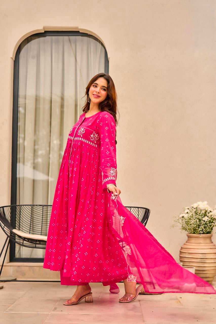 Women's Dress in Assorted Colors Pure Mal Cotton with Bandhani Print and Gota Detailing