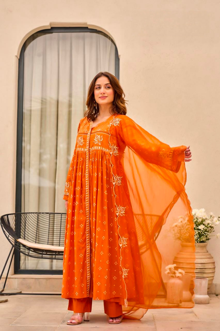 Women's Dress in Assorted Colors Pure Mal Cotton with Bandhani Print and Gota Detailing