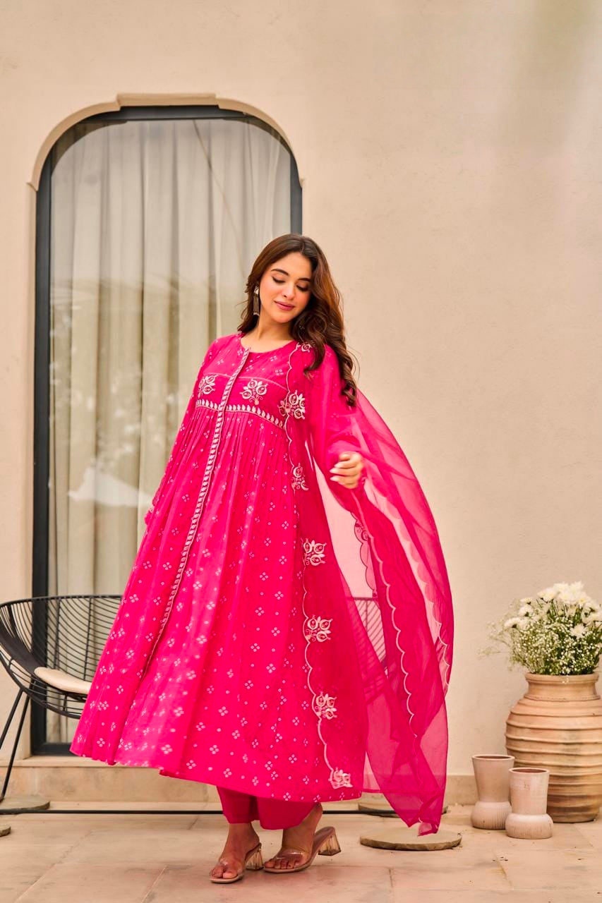 Women's Dress in Assorted Colors Pure Mal Cotton with Bandhani Print and Gota Detailing