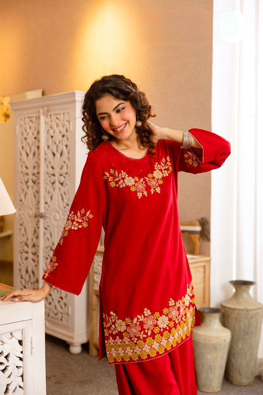 Women's Kurta Palazzo Set in Assorted Colors German Rayon with Floral Embroidery