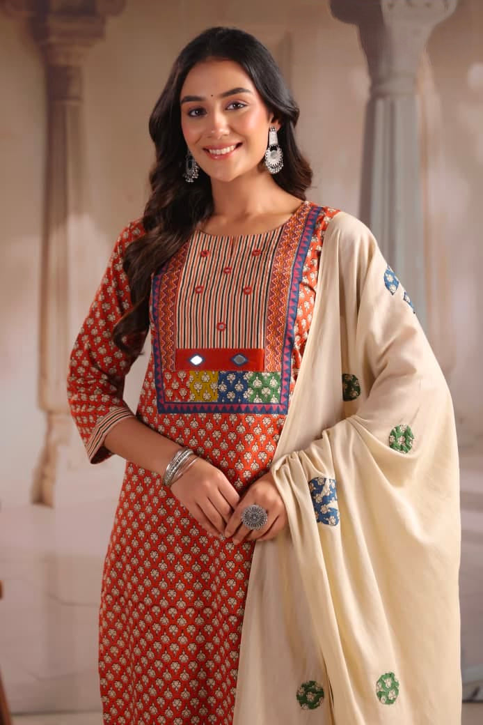 Women's Cotton Kurta Set in Assorted Colors with Embroidered Yoke