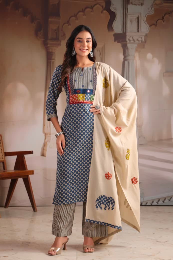 Women's Cotton Kurta Set in Assorted Colors with Embroidered Yoke